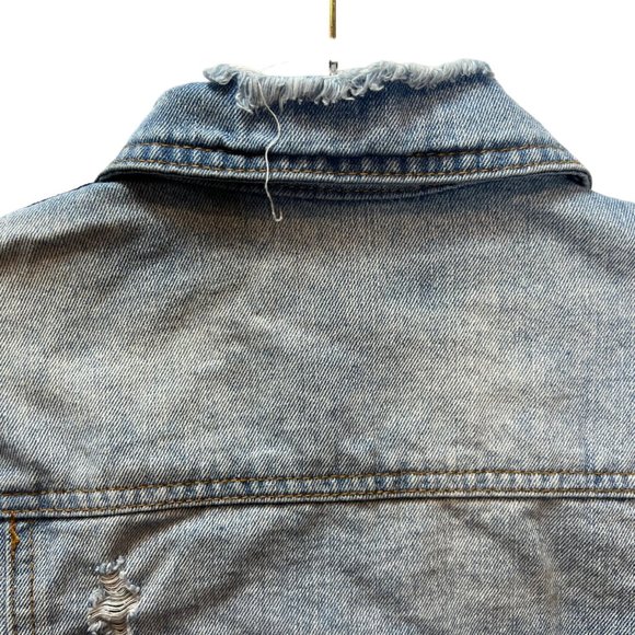 Crave Fame Crop Denim Jacket Womens XS Blue Medium Wash Long Sleeve Distressed B - Picture 9 of 11